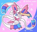  blue_eyes bow_tie eeveelution feral floating_hands fur generation_6_pokemon hi_res nintendo patting pink_body pink_fur pokemon pokemon_(species) shino_coffe solo sylveon white_body white_fur 