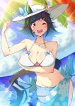  1girl absurdres alternate_costume animal_ears arm_under_breasts bikini black_hair breasts cleavage commentary_request cowboy_shot hat highres horse_ears horse_girl horse_tail kinunezu_(taishin_315) large_breasts looking_at_viewer navel one_eye_closed red_eyes shawl short_hair smile solo sun_hat swimsuit tail teeth umamusume upper_teeth_only white_bikini white_headwear winning_ticket_(umamusume) 