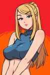  1girl akairiot blonde_hair breasts crop_top green_eyes highres large_breasts long_hair looking_at_viewer metroid mole mole_under_mouth orange_background ponytail samus_aran simple_background skin_tight solo upper_body 