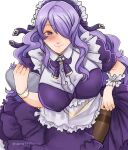  1girl alternate_costume apron blush bow bowtie breasts brown_pantyhose camilla_(fire_emblem) closed_mouth commentary dress english_commentary enmaided fire_emblem fire_emblem_fates hair_over_one_eye holding holding_tray large_breasts long_hair looking_at_viewer maid maid_headdress one_eye_covered pantyhose puffy_short_sleeves puffy_sleeves purple_bow purple_bowtie purple_dress purple_eyes purple_hair short_sleeves sierra117renner signature simple_background smile solo tray twitter_username waist_apron wavy_hair white_apron white_background 
