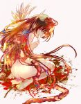  1girl angel_wings arm_support ass blood blood_splatter blurry breasts brown_hair commentary completely_nude covering_mouth dainatsu depth_of_field double_exposure feathers floating_hair from_behind full_body hand_up holding holding_feather intestines light_smile long_hair looking_at_viewer looking_back medium_breasts multicolored_hair nude purple_eyes sayonara_wo_oshiete seiza simple_background single_wing sitting solo sugamo_mutsuki white_background wings 