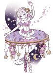  1girl arm_up ballet ballet_slippers bare_shoulders braid crescent_moon dress elina_(e2n04n) flower horns moon original purple_eyes rose sheep_horns star_(symbol) 
