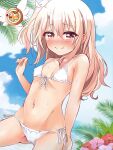  1girl bare_shoulders bikini blue_sky blush breasts collarbone fate/kaleid_liner_prisma_illya fate_(series) hair_between_eyes highres illyasviel_von_einzbern long_hair looking_at_viewer magical_ruby mochi_(k620803n) navel red_eyes sidelocks sky small_breasts smile swimsuit thighs white_bikini white_hair 