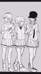  3girls anna_(watamote) buttons covered_eyes full_body greyscale harasunosioyaki hat highres medium_hair monochrome multiple_girls necktie open_mouth pleated_skirt rena_(watamote) sidelocks simple_background sketch skirt watashi_ga_motenai_no_wa_dou_kangaetemo_omaera_ga_warui! yoshida_masaki 