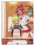  +++ 2girls alternate_costume beer_bottle blush bow breasts brown_hair closed_eyes closed_mouth clothes_lift commentary_request cookie_(touhou) cowboy_shot daiyousei diyusi_(cookie) dolphin_shorts flat_chest frilled_bow frilled_hair_tubes frills gedougawa green_hair hair_bow hair_tubes hakurei_reimu indoors large_breasts lifted_by_self long_hair medium_bangs mirror multiple_girls navel noel_(cookie) open_mouth red_bow red_shorts reflection shirt shirt_lift shorts smile tan tanlines touhou towel towel_rack very_long_hair watch white_shirt wristwatch yellow_bow 