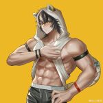  1boy abs absurdres animal_ears arknights artist_request bara black_hair blush broca_(arknights) cat_boy cat_ears cat_tail cowboy_shot ears_through_headwear highres hood jacket large_pectorals lifted_by_self looking_at_viewer male_focus muscular muscular_male navel navel_hair nipples pants pectorals short_hair shy sidepec simple_background sleeveless solo stomach tail underpec yellow_eyes 