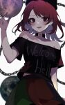  1girl bare_shoulders black_choker black_shirt blush chain choker clothes_writing collarbone colored_inner_hair earth_(planet) english_text hecatia_lapislazuli highres holding_moon holding_orb legacy_of_lunatic_kingdom long_hair looking_at_viewer multicolored_clothes multicolored_hair multicolored_skirt off-shoulder_shirt off_shoulder open_mouth parted_bangs planet polos_crown red_eyes red_hair ringed_eyes shirt short_sleeves skirt smile solo t-shirt teeth touhou upper_teeth_only usuuuv white_background 