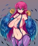  1girl animal_hands bare_shoulders blue_feathers blue_wings blush breasts cameltoe claws commentary_request duel_monster feathered_wings feathers fox2key garter_straps green_eyes hair_between_eyes harpie_lady harpy highres large_breasts long_hair monster_girl navel pink_hair pointy_ears revealing_clothes smile solo very_long_hair winged_arms wings yu-gi-oh! 