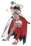  absurdres bandaged_arm bandages barefoot blonde_hair cape clover cxdotchison dark-skinned_female dark_skin four-leaf_clover guilty_gear guilty_gear_strive hat highres military_hat ramlethal_valentine red_bandage shorts thigh_strap white_shorts yellow_eyes 