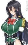  1girl arms_behind_back black_hair blush bow breasts chamumi_(mochiumee) chikuma_(kancolle) chikuma_kai_ni_(kancolle) closed_mouth hair_between_eyes highres kantai_collection large_breasts long_hair looking_at_viewer pelvic_curtain red_bow simple_background solo twitter_username very_long_hair white_background 