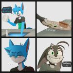  4_panel_comic anthro apron black_border blue_body blue_fur border canid canine cheek_tuft clothing dialogue domestic_cat duo ears_down english_text facial_tuft fangs felid feline felis fox fur grey_body grey_fur grin half-closed_eyes hi_res humor hybrid jay-r jay-r_(character) long_sleeve_shirt male mammal narrowed_eyes nervous nervous_expression nervous_smile open_mouth open_smile page_(jay-r) pivoted_ears simple_background smile speech_bubble teeth text tuft washing_dishes white_background white_body white_fur wide_eyed 