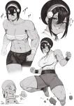  1girl abs absurdres avatar:_the_last_airbender avatar_legends blush breasts chibi collar hairband heart highres jumping large_breasts looking_at_viewer muscular muscular_female rock sarashi shorts solo speedl00ver sweat tank_top toph_bei_fong veins veiny_arms 