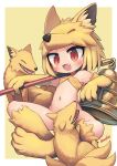  1girl absurdres animal_feet animal_hands bell blonde_hair blush bra commentary_request commission fang fox fox_girl fox_hat full_body halterneck highres holding holding_staff indian_style kitsune looking_at_viewer monster_girl moonlight_flower nanatsuta navel nine_tail_(ragnarok_online) open_mouth ragnarok_online second-party_source sharp_teeth short_hair signature sitting skeb_commission smile staff teeth thick_eyebrows two-tone_background underwear white_background yellow_background yellow_bra yellow_fur 