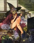  1girl bandaid bandaid_on_face bandaid_on_leg bandaid_on_nose blanket blinds book bottle breasts can cat cleavage ghost hat highres holding indoors loaded_interior multiple_cats nintendo_switch original playing_games simz sitting smile solo witch witch_hat 