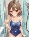  1girl absurdres bathroom blue_one-piece_swimsuit breasts brown_eyes brown_hair cleavage collarbone commentary_request competition_school_swimsuit covered_navel cowboy_shot hand_on_own_hip highres iwato_(celler) large_breasts looking_at_viewer one-piece_swimsuit original school_swimsuit short_hair shower_(place) shower_head solo swimsuit tile_wall tiles 
