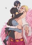  1boy 1girl abs black_coat black_hair blonde_hair breasts capri_pants chest_tattoo coat collarbone commentary_request denim donquixote_doflamingo earrings feather_coat genderswap genderswap_(mtf) grin hand_on_another&#039;s_face hand_tattoo hat height_difference hetero holding holding_clothes holding_hat jeans jewelry large_breasts lifting_person looking_at_another muscular muscular_male nashieda navel nipples no_bra one_piece open_clothes open_mouth pants pectorals pink-tinted_eyewear pink_coat shirt shoes short_hair simple_background smile sunglasses tattoo tinted_eyewear trafalgar_law unworn_hat unworn_headwear white-framed_eyewear white_shirt yellow_eyes 