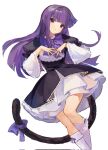  1girl black_dress black_tail blunt_bangs bow cat_tail dress dress_bow feet_out_of_frame frederica_bernkastel frilled_dress frilled_sleeves frills highres hime_cut layered_dress long_hair puffy_sleeves purple_bow purple_eyes purple_hair saechi_(lnyn248329) sidelocks simple_background socks solo tail tail_bow tail_ornament umineko_no_naku_koro_ni white_background white_socks wide_sleeves 