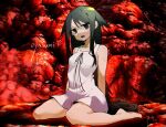  1girl bare_shoulders barefoot blood breasts chinese_commentary commentary_request dress entrails food full_body green_eyes green_hair hair_flaps highres lan_rou long_hair looking_at_viewer meat open_mouth organs red_pupils romaji_text saya_(saya_no_uta) saya_no_uta signature sitting small_breasts smile solo sundress very_long_hair wariza white_dress 
