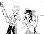  1boy 1girl :3 bow chainsaw chainsaw_man collared_shirt commentary denji_(chainsaw_man) detached_sleeves english_commentary gohei greyscale hair_bow hair_tubes hakurei_reimu highres horns komano_aunn looking_at_another medium_hair messy_hair monochrome necktie pants pochita_(chainsaw_man) ribbon-trimmed_sleeves ribbon_trim sharp_teeth shirt short_hair short_sleeves shorts sidelocks simple_background single_horn sussymyon teeth tongue tongue_out touhou 
