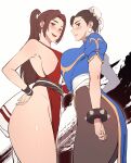 2girls absurdres bracelet breast_press breasts brown_hair brown_pantyhose carcass_(artist) chinese_clothes chun-li closed_mouth crossover highres japanese_clothes jewelry korean_commentary large_breasts looking_at_viewer multiple_girls open_mouth pantyhose ponytail shiranui_mai smile spiked_bracelet spikes street_fighter symmetrical_docking the_king_of_fighters thighs white_background 