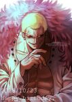 1boy arm_up artist_name blonde_hair coat dated donquixote_doflamingo earrings ebiflyebi english_text feather_coat hand_on_own_chin happy_birthday highres jewelry looking_at_viewer male_focus muscular muscular_male one_piece open_clothes pink_coat shirt short_hair simple_background skull_and_crossbones smile sunglasses upper_body veins white_background white_shirt 