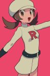  1girl :d alternate_color belt black_belt black_gloves brown_eyes brown_hair cowboy_shot dress eyelashes gloves hat highres long_hair looking_at_viewer lyra_(pokemon) open_mouth outstretched_arm pokemon pokemon_(game) pokemon_masters_ex short_dress smile solo team_rocket team_rocket_uniform twintails tyako_089 white_dress white_headwear 