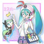  1girl :d bag beanie blue_bag blue_eyes blue_hair blush bracelet collared_shirt commentary gloves grey_skirt hair_between_eyes hair_ribbon hand_on_headphones hands_up hat hatsune_miku headphones high_five highres jewelry kasang_card long_hair meloetta meloetta_(aria) one_eye_closed open_mouth piano_print plaid plaid_skirt pleated_skirt pokemon pokemon_(creature) polo_shirt project_voltage psychic_miku_(project_voltage) red_ribbon ribbon shirt short_sleeves shoulder_bag single_glove skirt smile standing symbol-only_commentary twintails very_long_hair vocaloid white_gloves white_headwear white_shirt 