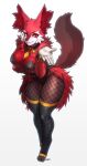  absurd_res anthro breasts canid canine clothed clothing female fluffy fluffy_tail fur hi_res mammal pgm300 red_body red_eyes red_fur simple_background solo tail 
