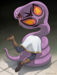  1girl a1 arbok black_background black_eyes boots brown_footwear commentary_request crossover frieren highres open_mouth pokemon_(creature) sharp_teeth skirt snake sousou_no_frieren teeth tongue tongue_out twitter_username white_skirt 