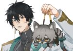  2boys animal animal_ears animalization black_hair black_jacket black_pants blush caelus_(honkai:_star_rail) chinese_clothes clothed_animal dan_heng_(honkai:_star_rail) earrings gajyago green_eyes grey_hair holding holding_animal honkai:_star_rail honkai_(series) jacket jewelry long_jacket long_sleeves looking_at_viewer male_focus multiple_boys pants raccoon raccoon_ears raccoon_tail red_eyeliner short_hair tail trailblazer_(honkai:_star_rail) yellow_eyes 