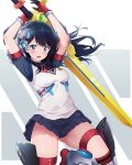  1girl arm_guards arms_up ass_visible_through_thighs black_hair black_shirt black_skirt blue_eyes blush bow bowtie breasts commentary_request cosplay floating_hair gloves gridman_(ssss) gridman_(ssss)_(cosplay) gridman_universe gridman_universe_(film) headgear highres holding holding_sword holding_weapon long_hair looking_at_viewer mecha_musume medium_breasts metal_boots miniskirt open_mouth orange_scrunchie paid_reward_available pasya-pasya pleated_skirt red_bow red_bowtie school_uniform scrunchie shirt short_sleeves skirt solo sweater_vest sword takarada_rikka weapon white_sweater_vest 