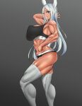  1girl :d abs animal_ears arm_behind_head arm_up ass bare_arms bare_shoulders black_background black_buruma black_sports_bra boku_no_hero_academia breasts buruma dark-skinned_female dark_skin from_side koucha_indian large_breasts long_hair looking_at_viewer mirko muscular muscular_female navel parted_bangs rabbit_ears rabbit_girl red_eyes skindentation smile solo sports_bra stomach thick_thighs thighhighs thighs white_hair white_thighhighs 