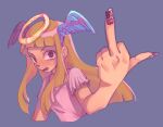  angel angel_(devilish) bangs big-bangss clothed clothing devilish_hairdresser feathered_wings feathers female gesture hair head_wings hi_res humanoid middle_finger solo winged_humanoid wings 