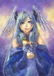  1girl blue_eyes burrito curly_hair dress eating elbow_gloves feathered_wings food food_on_face gloves grey_hair head_wings highres long_hair looking_to_the_side melia_antiqua solo upper_body very_long_hair vvbert wings xenoblade_chronicles_(series) xenoblade_chronicles_3 