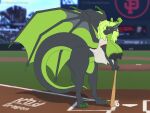  4:3 anthro areola ball baseball_(ball) baseball_bat baseball_field baseball_uniform bat_(object) big_areola big_breasts big_nipples black_areola black_body black_nipples breasts claws clothed clothing curvy_figure dragon female green_body green_claws green_eyes green_hair green_scales hair hi_res huge_areola huge_breasts huge_nipples jersey kaya_(knockedoutdragon) knockedoutdragon leaning leaning_forward leaning_on_object looking_at_viewer membrane_(anatomy) membranous_wings mlb nipples partially_clothed pinup pose san_francisco_giants scales scalie smile smiling_at_viewer solo solo_focus sportswear stadium standing tail thick_tail uniform western_dragon wings 