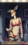 2023 5_fingers anthro beastars black_nose bra breasts cleavage clothed clothing cosmo_(beastars) female fingers fur giraffid hi_res humanoid_hands lingerie mammal mirror mr.solar multicolored_body multicolored_fur navel okapi panties red_body red_bra red_clothing red_fur red_lingerie red_thong red_underwear silhouette smile solo stripper tan_body tan_fur thong two_tone_body two_tone_fur underwear 