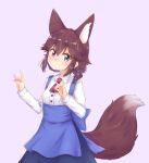  1girl animal_ears blush breasts brown_hair fox_ears fox_shadow_puppet fox_tail highres kuramoto_takato looking_at_viewer machikado_mazoku neckerchief open_mouth purple_eyes red_neckerchief shiny_skin short_hair simple_background small_breasts solo tail yoshida_ryouko 