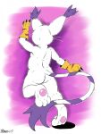  2019 anthro bandai_namco butt claws dancing digimon digimon_(species) domestic_cat ear_tuft felid feline felis female fur gatomon hi_res mammal marcushunter nude paws raised_leg rear_view signature solo tail tail_tuft tiptoes tuft whiskers white_body white_fur 