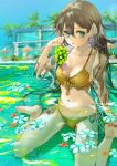  1girl absurdres bikini blue_eyes brown_hair day dot_nose earrings food frilled_bikini frills fruit grapes highres holding holding_food holding_fruit jewelry long_hair long_sleeves looking_at_viewer navel nik_ibi open_clothes open_shirt original outdoors parted_lips partially_submerged pool see-through see-through_shirt sidelocks sitting solo stomach swimsuit tile_floor tiles wariza yellow_bikini 