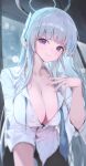  1girl black_pants blue_archive blurry blush breasts cleavage collarbone gnns grey_hair hali highres indoors large_breasts light_smile long_hair looking_at_viewer necktie noa_(blue_archive) open_collar pants purple_eyes rain shirt solo straight_hair undone_necktie very_long_hair white_shirt 