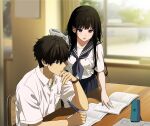  1boy 1girl artist_logo black_hair blush brown_hair chitanda_eru highres hyouka kamiyama_high_school_uniform_(hyouka) long_hair mery_(yangmalgage) open_mouth oreki_houtarou purple_eyes sailor_collar school_uniform serafuku shirt short_hair skirt white_shirt 