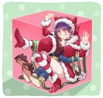  1boy 1girl absurdres alternate_costume ass blush breasts brown_hair christmas_stocking commentary_request eye_contact gegege_no_kitarou hat highres kitarou looking_at_another nekomusume nekomusume_(gegege_no_kitarou_6) on_person purple_hair red_footwear sandals santa_hat silanduqiaocui sweatdrop trapped yellow_eyes 
