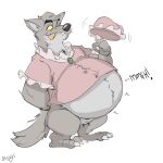  2020 anthro anthro_pred belly big_bad_wolf big_belly bottomless bottomless_anthro bottomless_male canid canine canis canson clothed clothing colored countershade_torso countershading exposed_belly fairy_tales featureless_crotch fully_inside fur grey_body grey_fur hat headgear headwear hi_res little_red_riding_hood_(copyright) male mammal muffled_speech navel nightcap nightgown oral_vore sharp_teeth signature solo stretched_clothing tail teeth tongue tongue_out vore wolf yellow_sclera 