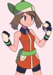  1girl bandana bare_arms bike_shorts brown_hair closed_mouth collared_dress commentary_request dress eyelashes fanny_pack gloves green_bag green_bandana grey_eyes hands_up highres holding holding_poke_ball may_(pokemon) orange_dress poke_ball pokemon pokemon_(game) pokemon_emerald pokemon_rse premier_ball smile solo tyako_089 w_arms white_gloves 