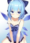  1girl 9150namihana absurdres blue_background blue_bow blue_dress blue_eyes blue_hair bow breasts cirno cleavage closed_mouth commentary_request detached_wings dress gradient_background hair_bow highres ice ice_wings looking_at_viewer small_breasts smile solo strap_slip touhou wings 