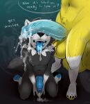  absurd_res akatosh anthro balls big_balls black_body black_fur blue_knot blue_paws blue_penis blue_tongue bodily_fluids canid canine canis claws clrfoolished cum cum_drip cum_in_mouth cum_inside cum_on_body cum_on_face cum_on_penis cum_splatter cum_string cumshot dominant dominant_male dripping duo ejaculation erection foreskin fox fur genital_fluids genitals hair hi_res huge_balls humanoid_genitalia knot male male/male mammal musk nude open_mouth penile penis penis_worship precum saliva simple_background smile speech_bubble submissive submissive_male sweat tongue white_body white_fur wolf yellow_body yellow_fur yellow_paws zack_(webtoonfan) 