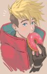  1boy @acchom_zatta blonde_hair blue_eyes coat doughnut fingerless_gloves food gloves hair_between_eyes highres mole mole_under_eye red_coat simple_background solo trigun trigun_stampede vash_the_stampede 