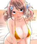  1girl beach black_hair breasts brown_hair chougei_(kancolle) cleavage cowboy_shot dated furaggu_(frag_0416) grey_eyes hair_ornament hair_rings hairclip highres horizon kantai_collection large_breasts leaning_forward long_hair ocean one-hour_drawing_challenge photo_background solo twitter_username 
