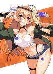  1girl absurdres bodypaint breasts brown_eyes cleavage cowboy_shot halloween highres jacket johnston_(kancolle) kantai_collection large_breasts light_brown_hair long_hair mask shiba_(zudha) shirt sleeveless sleeveless_shirt solo stomach tied_shirt two_side_up white_background 