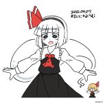  2girls ascot black_eyes black_hairband black_skirt black_vest blonde_hair bright_pupils commentary_request cosplay dated ghost hair_ribbon hairband highres hoshii_1213 konpaku_youmu konpaku_youmu_(ghost) long_sleeves multiple_girls open_mouth outstretched_arms red_ascot red_ribbon ribbon rumia rumia_(cosplay) shirt short_hair simple_background skirt solo_focus sweatdrop touhou twitter_username vest white_background white_pupils white_shirt 